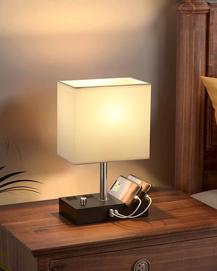 Kakanuo Table Lamp for Bedroom with Dual USB Ports, White Fully Dimmable Bedside Lamp with Phone Stands and 2 Charging Outlets, Desk Lamp for Nightstand and Living Room, LED Bulb Included - LeafyLoom