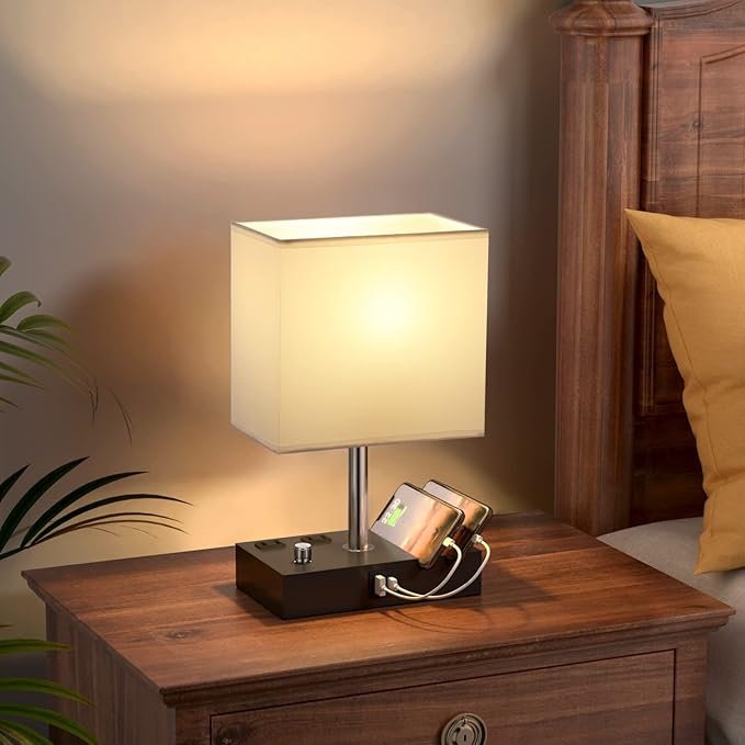 Kakanuo Table Lamp for Bedroom with Dual USB Ports, White Fully Dimmable Bedside Lamp with Phone Stands and 2 Charging Outlets, Desk Lamp for Nightstand and Living Room, LED Bulb Included - LeafyLoom