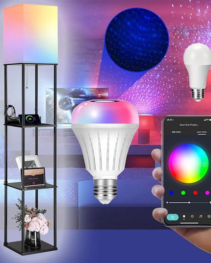 NUNET LED Floor Lamp w. Shelves & AC/USB Outlets Smart Light Bulb Galaxy Star Projector Color Changing & App/Voice Controlled Lights w. 3 Level Shelves for Bedroom Living Room Corner - LeafyLoom
