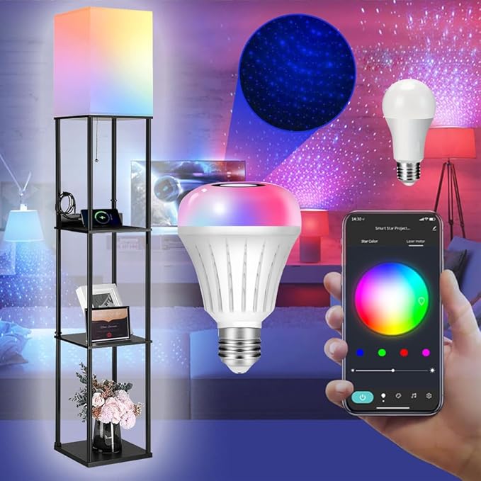 NUNET LED Floor Lamp w. Shelves & AC/USB Outlets Smart Light Bulb Galaxy Star Projector Color Changing & App/Voice Controlled Lights w. 3 Level Shelves for Bedroom Living Room Corner - LeafyLoom