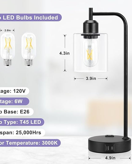 Industrial Touch Table Lamps for Bedrooms Set of 2 - 3-Way Dimmable Nightstand Lamps with USB C+A Ports and Outlet, Black Bedside Lamps with Glass Shade for Living Room, Desk Lamps for Home Office - LeafyLoom