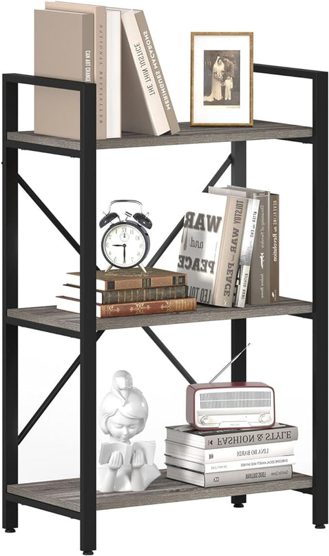 BON AUGURE 3 Tier Bookshelf, Small Rustic Book shelf, Short Industrial Wood Metal Standing Bookcase Etagere for Office, Bedroom and Living Room (Dark Gray Oak) - LeafyLoom