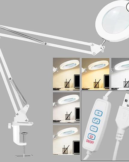 5X Magnifying Glass with Light and Stand, Desk Clip on Lamp for Reading Home Office, 48 LEDs USB Clip Ring Light with 3 Color Modes Clamp Light for Bed Headboard, Craft, Computer, Video Call - LeafyLoom