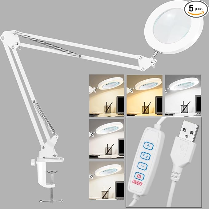 5X Magnifying Glass with Light and Stand, Desk Clip on Lamp for Reading Home Office, 48 LEDs USB Clip Ring Light with 3 Color Modes Clamp Light for Bed Headboard, Craft, Computer, Video Call - LeafyLoom