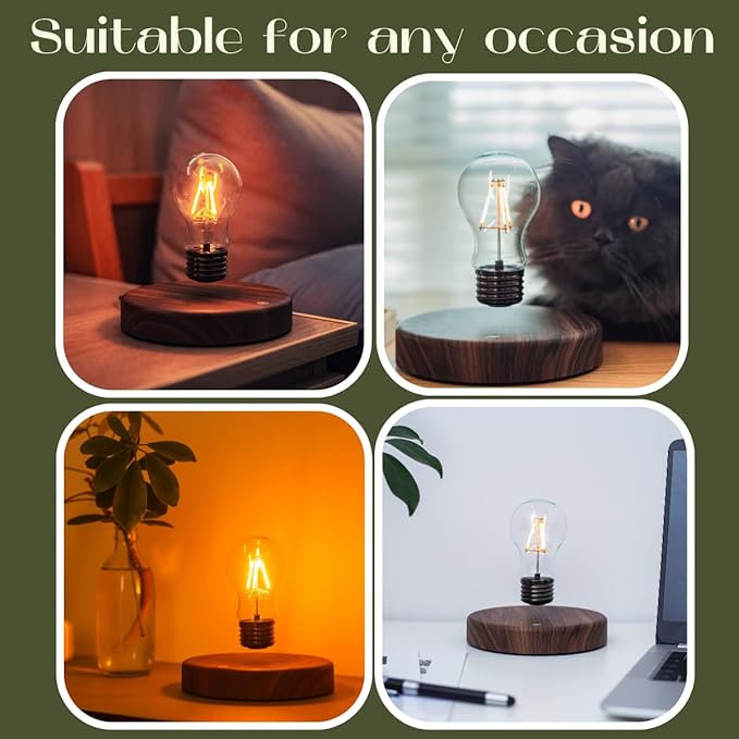 Levitating Bulb Lamp Magnetic Floating Lamp Light Desk Lamp Night Light Table LED for Unique Gifts, Room Decor, Night Light, Home Office Decor Desk Tech Toys (Round-Dark Brown Base) - LeafyLoom