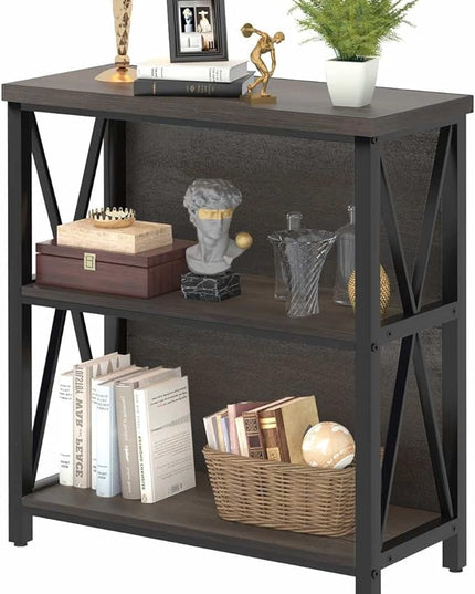 FATORRI Rustic Short 2 Shelf Bookshelf, Industrial Low Wood Bookcase, Farmhouse Small Book Case for Small Space (Walnut Brown) - LeafyLoom