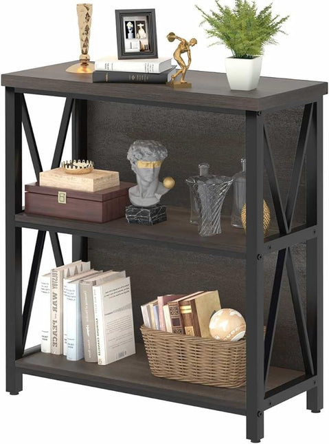 FATORRI Rustic Short 2 Shelf Bookshelf, Industrial Low Wood Bookcase, Farmhouse Small Book Case for Small Space (Walnut Brown) - LeafyLoom