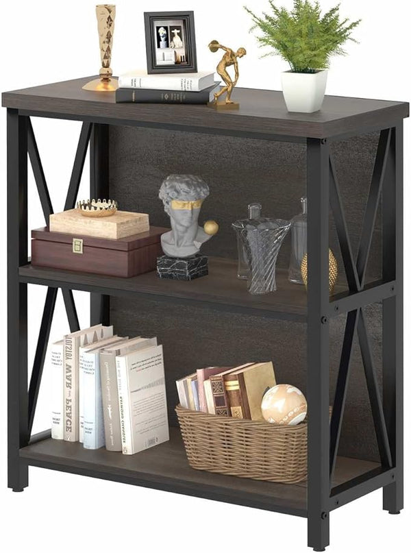 FATORRI Rustic Short 2 Shelf Bookshelf, Industrial Low Wood Bookcase, Farmhouse Small Book Case for Small Space (Walnut Brown) - LeafyLoom