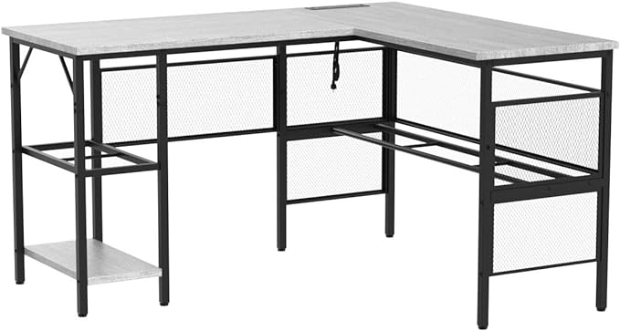 Unikito L Shaped Corner Computer Desk with USB Charging Port and Power Outlet, Storage Shelves, Reversible, Industrial 2 Person Gaming Table Modern Home Office Desks, White Oak - LeafyLoom