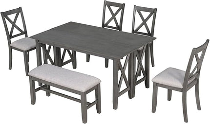 6-Piece Family Dining Set with Solid Wood Foldable Table, 4 Upholstered Chairs and Bench, Easy to Assemble, for Living Room, Kitchen, Home Bar, Diningroom, Dark Gray+Light Gray - LeafyLoom