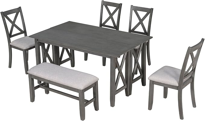 6-Piece Family Dining Set with Solid Wood Foldable Table, 4 Upholstered Chairs and Bench, Easy to Assemble, for Living Room, Kitchen, Home Bar, Diningroom, Dark Gray+Light Gray - LeafyLoom