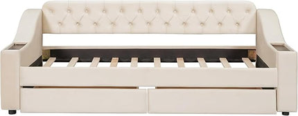 Twin Size Daybed with Storage Armrests & 2 Drawers,Upholstered Sofa Bed W/USB Ports & Button Tufted Backrest,No Box Spring Needed,Multi-Function Bedframe for Living Room Bedroom,Beige Velvet - LeafyLoom