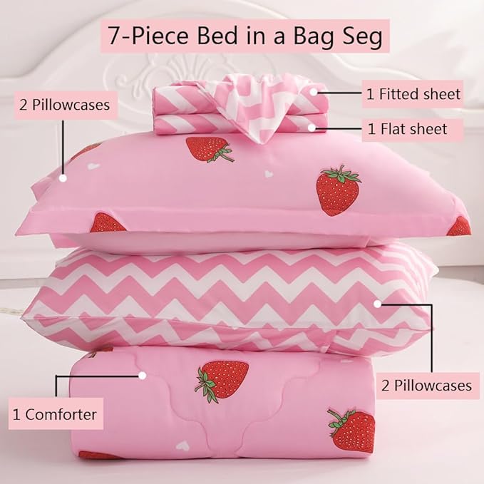 Strawberry Comforter Bedding Set Twin Size for Girls 7 Piece Pink Kawaii Comforter Set Bed in A Bag for Kids Teens All Season (1 Comforter,1 Flat Sheet,1 Fitted Sheet and 4 Pillow Sham) - LeafyLoom