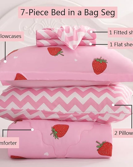 Girls Strawberry Comforter Set Queen Size - 7 Piece Bed in A Bag Bedding Set for Kids Teens - All Season (1 Comforter,1 Flat Sheet,1 Fitted Sheet and 4 Pillow Sham) Pink - LeafyLoom