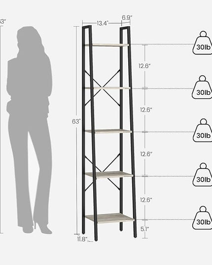 Ladder Shelf, Bookshelf Bookcase, Freestanding Corner Storage Shelve with 2 Hooks for Home Office, Living Room, Kitchen, Bedroom, Industrial, 5-Tier Greige BC03205B - LeafyLoom