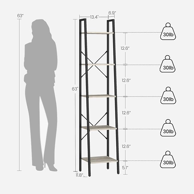 Ladder Shelf, Bookshelf Bookcase, Freestanding Corner Storage Shelve with 2 Hooks for Home Office, Living Room, Kitchen, Bedroom, Industrial, 5-Tier Greige BC03205B - LeafyLoom