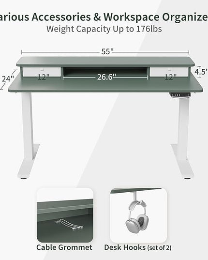 FEZIBO 55 x 24 Inch Height Adjustable Electric Standing Desk with Double Drawer, Stand Up Desk with Storage Shelf, Sit Stand Desk, Green - LeafyLoom