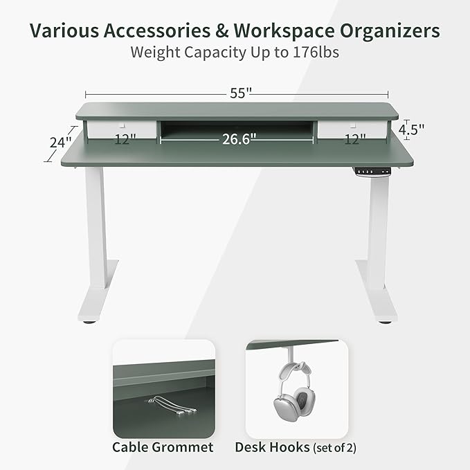 FEZIBO 55 x 24 Inch Height Adjustable Electric Standing Desk with Double Drawer, Stand Up Desk with Storage Shelf, Sit Stand Desk, Green - LeafyLoom