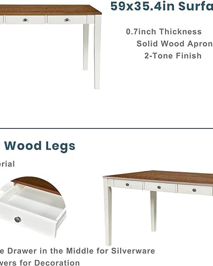 6-Piece Wood Dining Table Set with Drawer, 4 Upholstered Chairs and Bench, for Kitchen, Living Room, Mid-Century Style, Butter Milk, 59" L x 35.4" W x 30.3" H - LeafyLoom