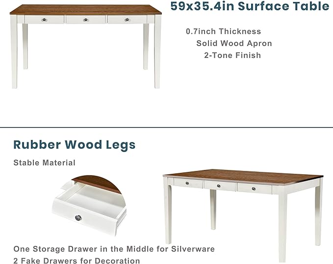 6-Piece Wood Dining Table Set with Drawer, 4 Upholstered Chairs and Bench, for Kitchen, Living Room, Mid-Century Style, Butter Milk, 59" L x 35.4" W x 30.3" H - LeafyLoom