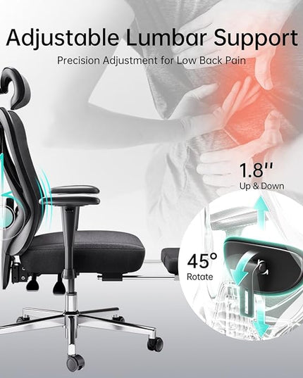 Hbada P3 Ergonomic Office Chair with 2D Adjustable Armrest, Office Chair with 2D Adjustable Lumbar Support, Computer Chair with Tilt Function, Desk Chair with Footrest Black - LeafyLoom