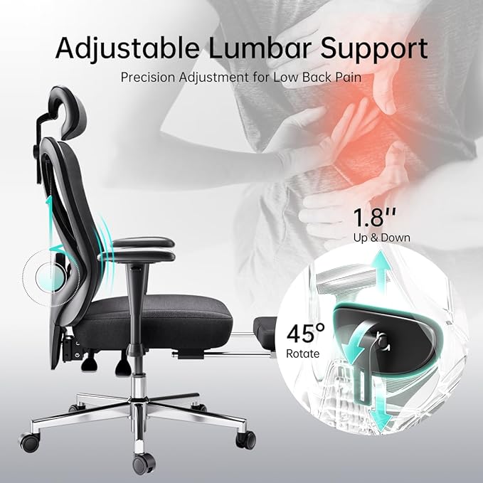 Hbada P3 Ergonomic Office Chair with 2D Adjustable Armrest, Office Chair with 2D Adjustable Lumbar Support, Computer Chair with Tilt Function, Desk Chair with Footrest Black - LeafyLoom