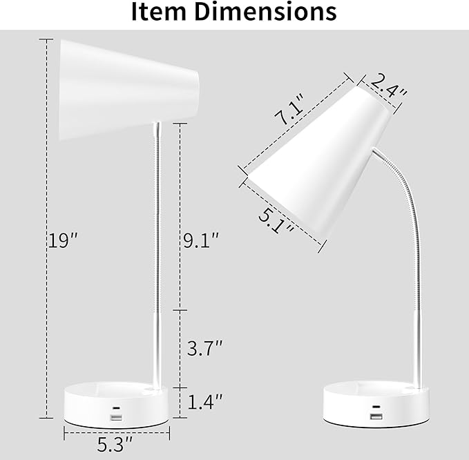 RUNTOP Desk Lamp, Desk Lamps for Home Office with 5 Color Modes 5 Brightness Dimmer Reading Light & USB Port, Type C port, 7W LED Table Lamp, 360° Flexible Gooseneck Lamp Light for Bed Bedside, White - LeafyLoom
