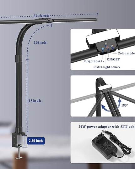 Desk Lamp for Home Office, 24W LED Desk Lamp with Clamp - 25 Lighting Modes Dimming Workbench Light with Flexible Gooseneck, Eye Protection Modern Desk Lamp for Reading Study Monitor Drafting - LeafyLoom