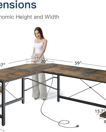 Coleshome 59" L Shaped Gaming Desk with Outlet, L Shaped Desk with CPU Stand, Corner Computer Desk, Home Office Desk, Writing Desk, Vintage - LeafyLoom