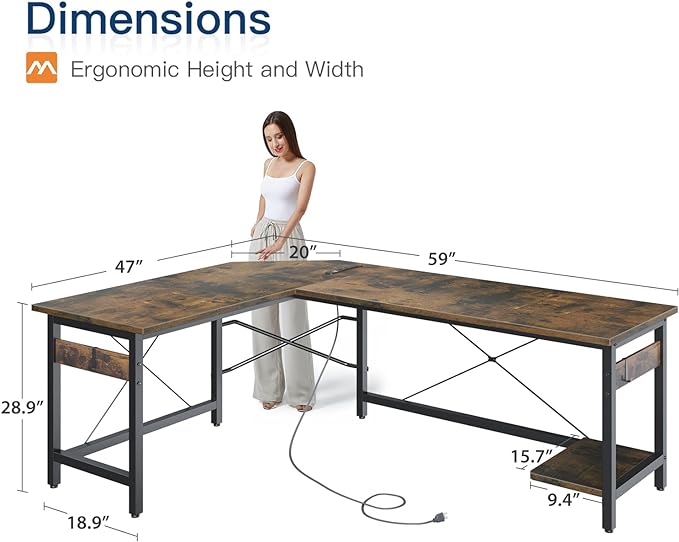 Coleshome 59" L Shaped Gaming Desk with Outlet, L Shaped Desk with CPU Stand, Corner Computer Desk, Home Office Desk, Writing Desk, Vintage - LeafyLoom