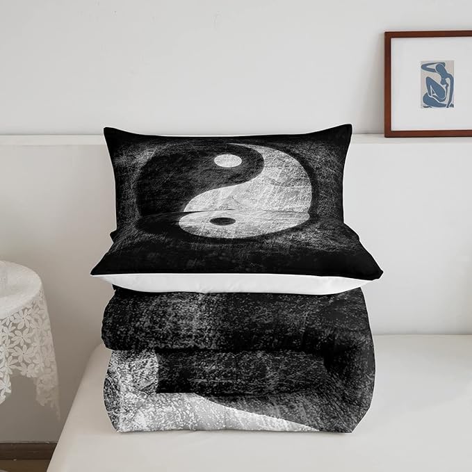 Feelyou Yin Yang Bedding Set for Girls Boys Children Boho Trippy Psychedelic Art Comforter Set Decorative Gossip Pattern Comforter Traditional Ying Yang Theme Duvet Set Queen Size 3Pcs - LeafyLoom