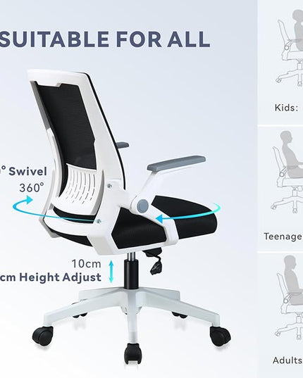 COMHOMA Office Chair with Flip-up Armrests Ergonomic Computer Desk Chair Foldable Mesh Task Chair with Wheels Adaptive Lumbar Support Swivel Tilt Comfortable Study Chair for Student, White - LeafyLoom
