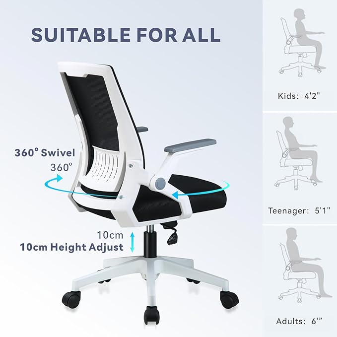 COMHOMA Office Chair with Flip-up Armrests Ergonomic Computer Desk Chair Foldable Mesh Task Chair with Wheels Adaptive Lumbar Support Swivel Tilt Comfortable Study Chair for Student, White - LeafyLoom