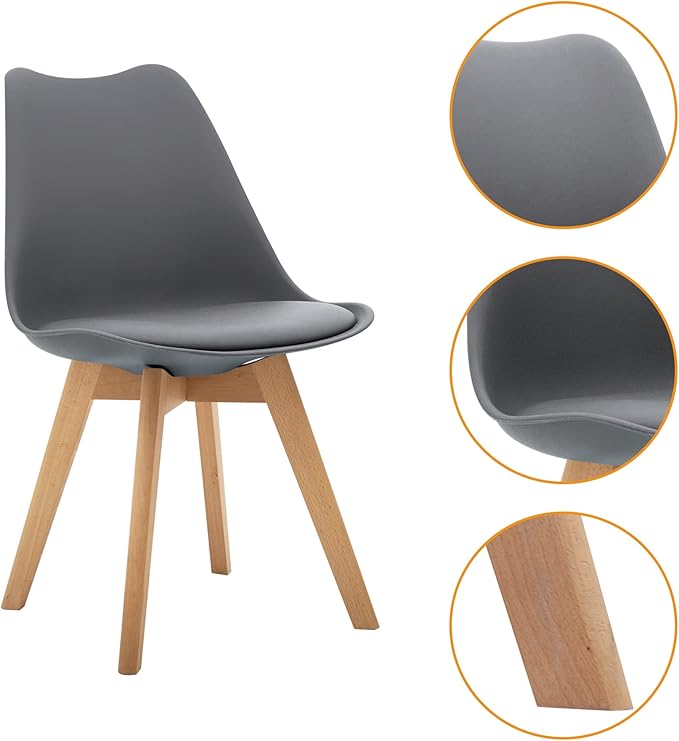 CangLong Mid Century Modern Side Wood Legs Dining-Chairs, Pack of 1, Grey, (KU-191367) - LeafyLoom