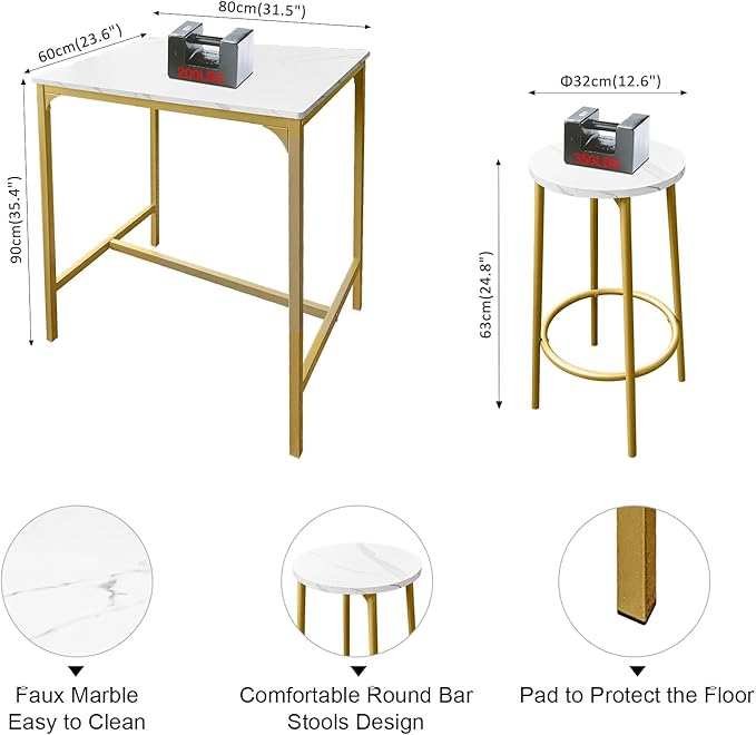 AT-VALY 3-Piece Bar Table Set with 2 Stools,Dining Room Table Set,Small Spaces (Gold) - LeafyLoom
