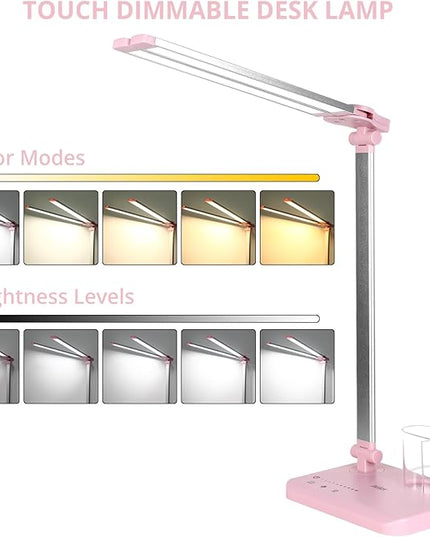 iVict LED Desk Lamp, Adjustable Table Foldable Lamp with USB Charging Port, 25 Lighting Modes, 45-Minute Auto Timer, Dual Swing Arm Desk Light with Pen Holde for Home Office/Study(Pink) - LeafyLoom