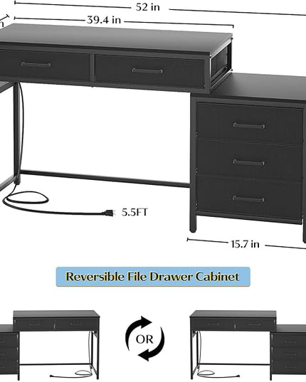 Computer Desk with 5 Drawers, Reversible Office Desk with Power Outlets and USB Charging Ports, Sturdy Writing Table with File Cabinet and Printer Stand, Laptop Desk for Small Spaces, Black - LeafyLoom