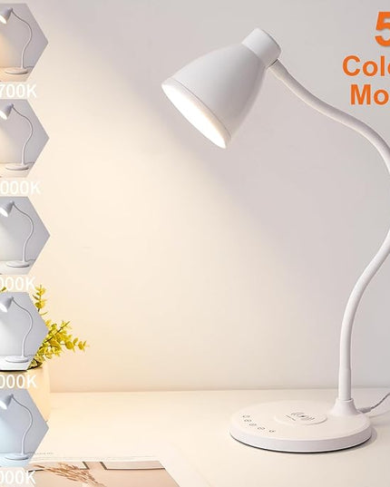 BOHON Desk Lamp for Home Office, LED Desk Light with USB C+A Charging Ports, Wireless Charger, 5 Colors Stepless Dimming Reading Light Timer, Touch Bedside Table Lamp for College Dorm Room White - LeafyLoom