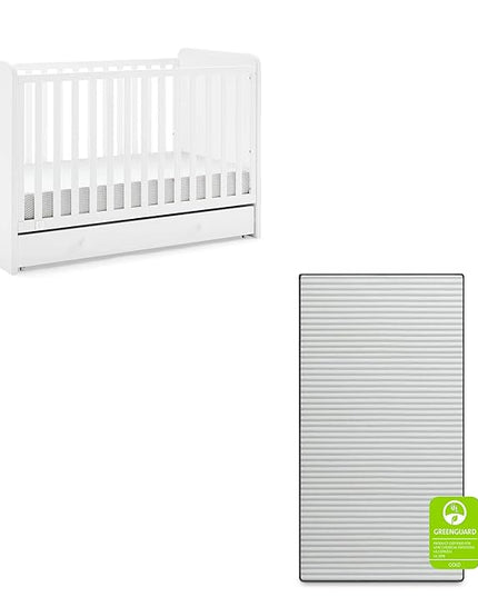 babyGap by Delta Children Graham 4-in-1 Convertible Crib with Storage Drawer TrueSleep Crib and Toddler Mattress (Bundle), Bianca White - LeafyLoom