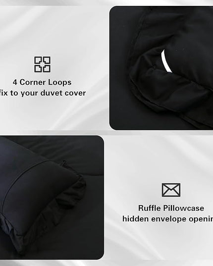 Black Double Ruffle Comforter Set Twin Size (66x90 Inch), 2 Pcs Farmhouse Vintage Comforter Set (1 Ruffled Comforter and 1 Pillowcase), Rustic All Season Down Alternative Bedding Set - LeafyLoom