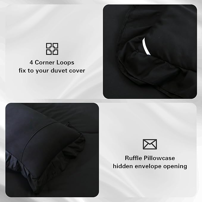 Black Double Ruffle Comforter Set Queen Size (90x90 Inch), 3 Pcs Farmhouse Vintage Comforter Set (1 Ruffled Comforter and 2 Pillowcase), Rustic All Season Down Alternative Bedding Set - LeafyLoom
