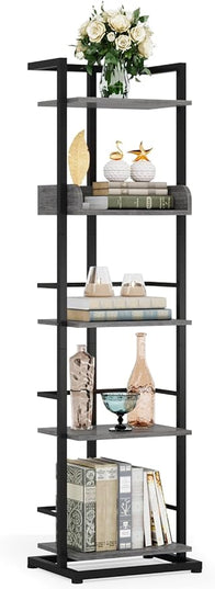 Bookshelf 5-Tier Book shelf - Narrow Wood Bookcase Tall Corner Book Shelves Storage Organizer Display Book Rack for Living Room Bedroom Office Home Grey - LeafyLoom