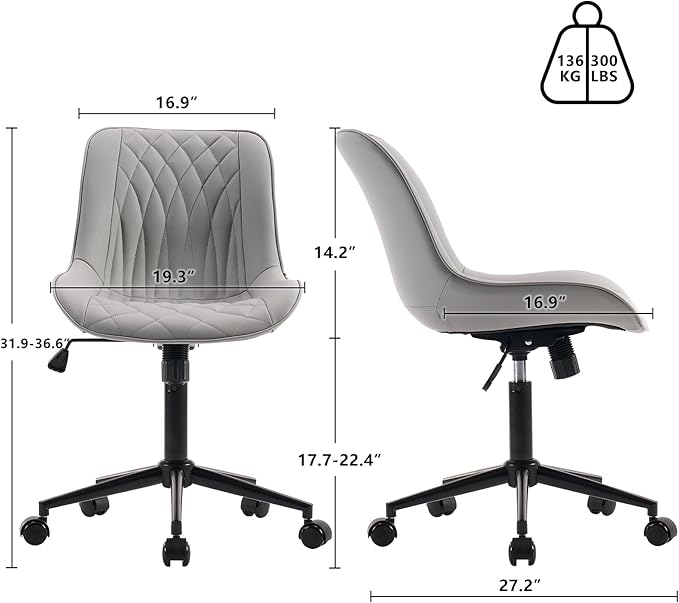 YOUNIKE Desk Chair with Wheels Armless Office Chair Swivel Rolling Task Chair with Back Upholstered Faux Leather Computer Chair Height Adjustable Modern Ergonomic Seat, Loads 300 lbs, Grey - LeafyLoom