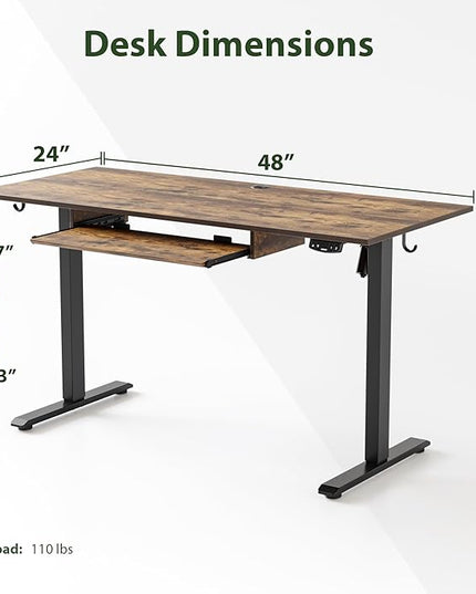 Height Adjustable Desk with Keyboard Tray, 48 x 24 Inches Electric Standing Desk, Stand up Computer Table with Memory Preset, Modern Lift Motorized Gaming Workstation, Rustic Brown - LeafyLoom
