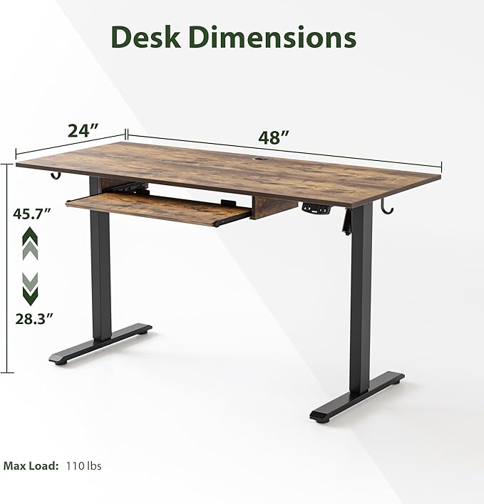 Height Adjustable Desk with Keyboard Tray, 48 x 24 Inches Electric Standing Desk, Stand up Computer Table with Memory Preset, Modern Lift Motorized Gaming Workstation, Rustic Brown - LeafyLoom