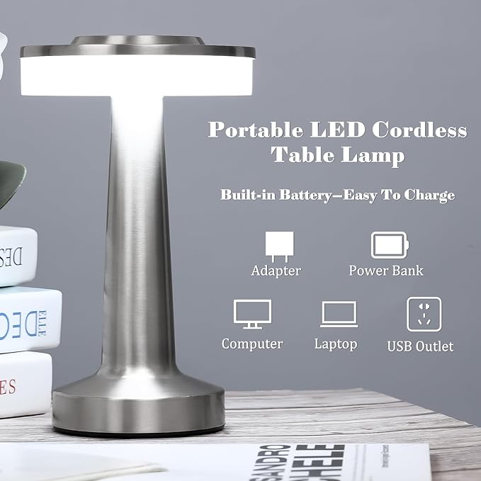 Set of 8 LED Portable Cordless Table Lamp with Touch Sensor 3 Color Stepless Dimming Rechargeable Battery up to 15 Hours Cordless Lamp Table Light Wireless Lamp for Kids Nursery (Silver) - LeafyLoom