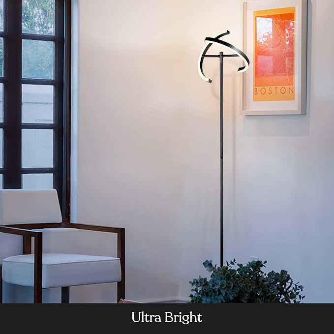 Brightech Halo Split Modern Bright LED Torchiere Floor Lamp for Offices - Dimmable, Tall Standing Lamp for Living Room or Bedroom - Adjustable Light w/Rotating Angles - Jet Black - LeafyLoom