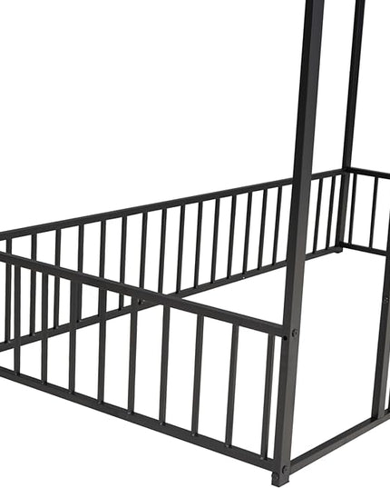 RITSU Twin Size Montessori Floor Bed, Metal House Bedframe with Fence, Robust Construction is Used, for Children'S Rooms, Boys Girls, No Box Spring Needed, Easy Assembly, Black - LeafyLoom