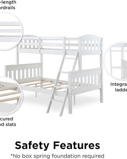 DHP Airlie Convertible Wood Bunk Bed, Stackable and Detachable Bed Frames for Kids and Teens, with Angled Ladder, High Guardrail, Wood Slats, No Boxspring Required, Twin-Over-Full, White - LeafyLoom
