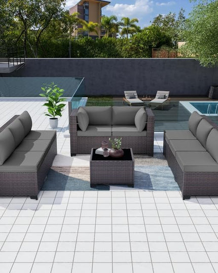 Patio Furniture Set 9-Piece Outdoor Furniture for Backyard Wicker Sectional Sofa Set, Rattan Patio Conversation Set with Thickened Cushions and Glass Coffee Table, Grey - LeafyLoom